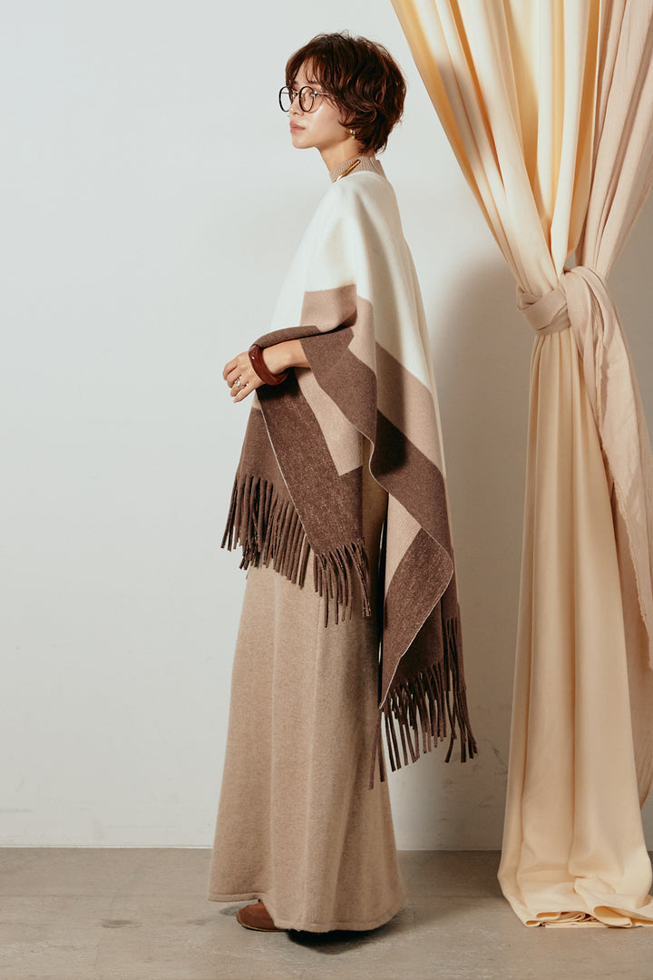 [SET]裾フリンジ柄ポンチョアウター+ノースリーブニットロングワンピース(2set)