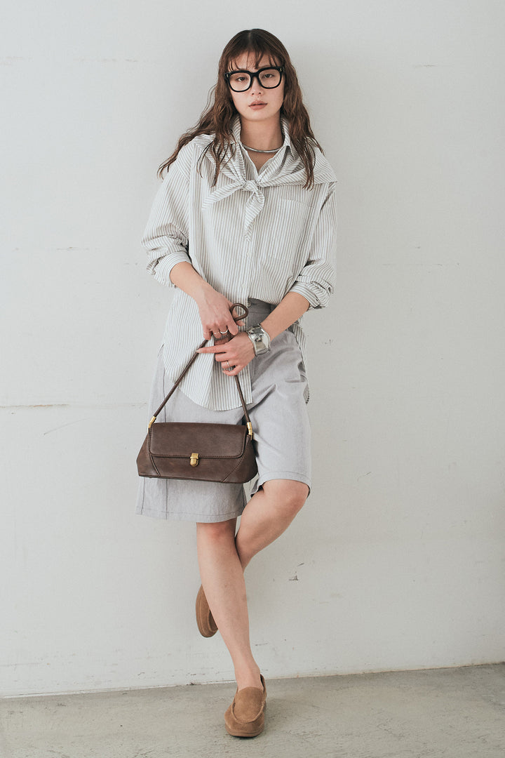 [SET]ランダムストライプスカーフ付きシャツ+デニムハーフパンツ(2set)