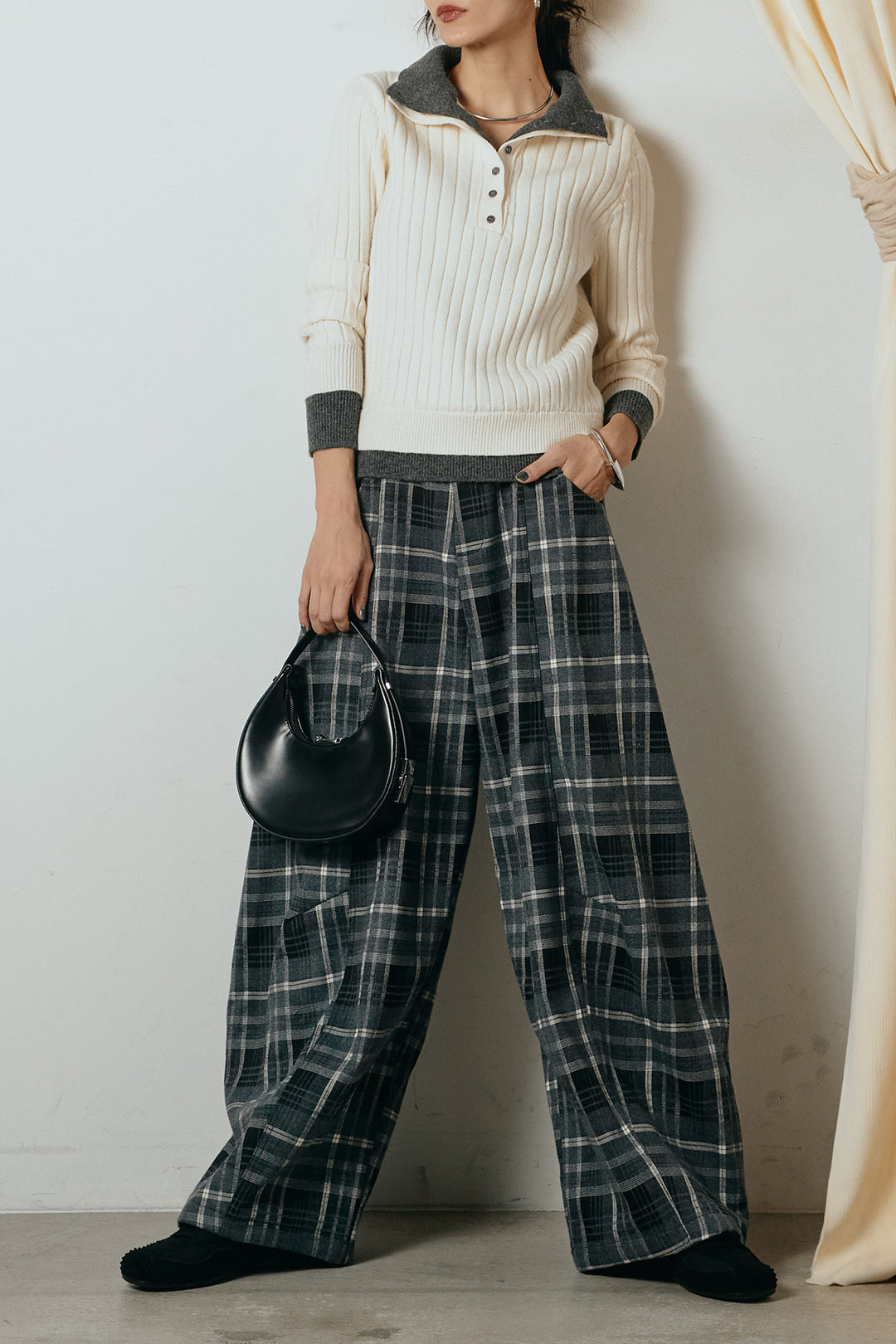 [SET]レイヤード風リブニットトップス+ベルト付きタータンチェックカーブワイドパンツ(2set)