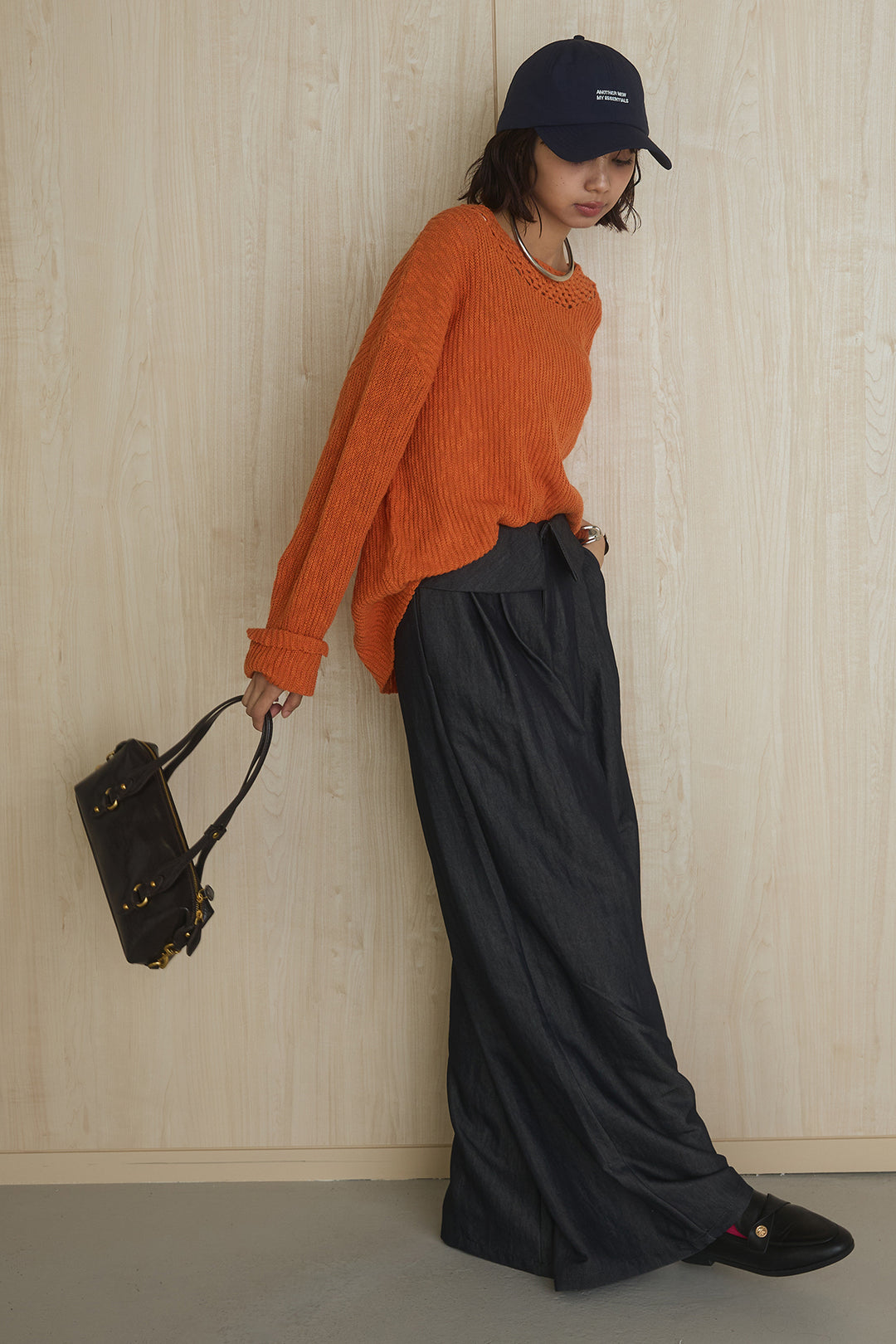 [SET]ネック編みデザインニットトップス+ウエスト折り返しワイドパンツ(2set)