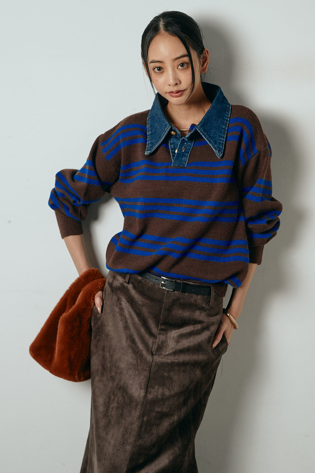 [SET]デニムレイヤード風ランダムボーダーニットプルオーバー+エコスウェードワイドスカート(2set)