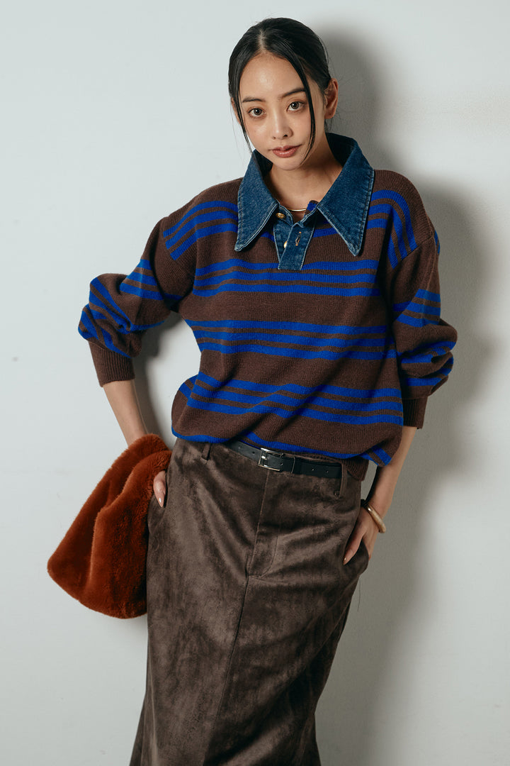 [SET]デニムレイヤード風ランダムボーダーニットプルオーバー+エコスウェードワイドスカート(2set)