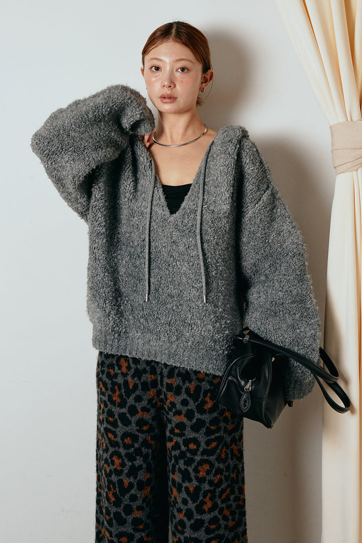 [SET]ブークレキーネックプルオーバー+リラックスレオパード柄ニットパンツ(2set)