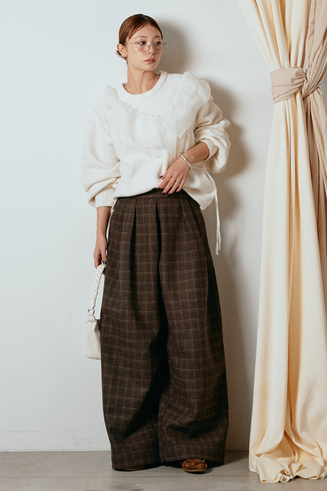 [SET]アシンメトリーフリルニットトップス+ウールライクチェックタックパンツ(2set)