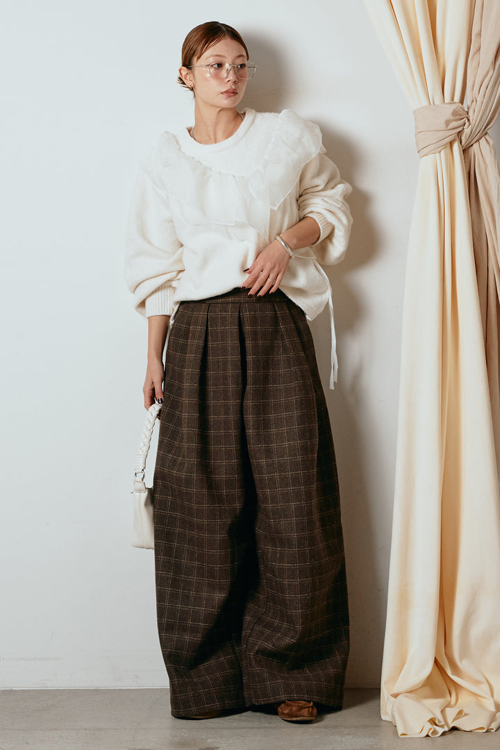 [SET]アシンメトリーフリルニットトップス+ウールライクチェックタックパンツ(2set)