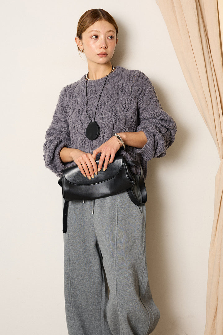 [SET]ケーブルリラックスショートニット+スウェットワイドカーブパンツ(2set)