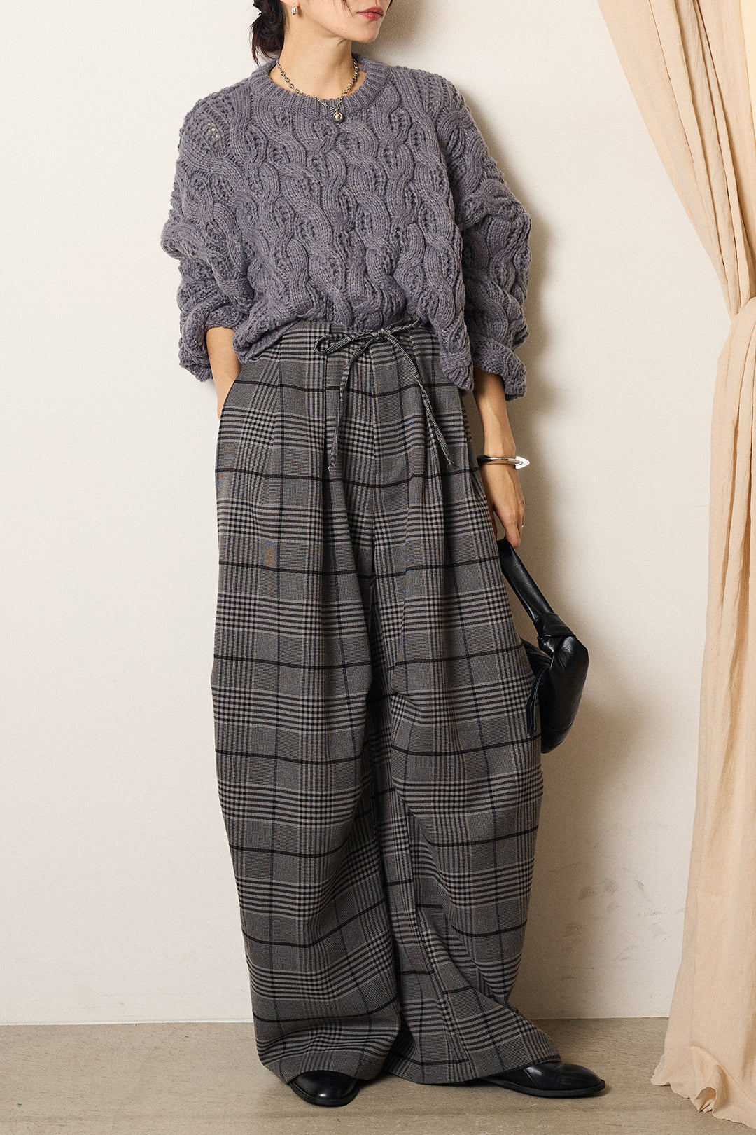 [SET]ケーブルリラックスショートニット+グレンチェックルーズタックパンツ(2set)