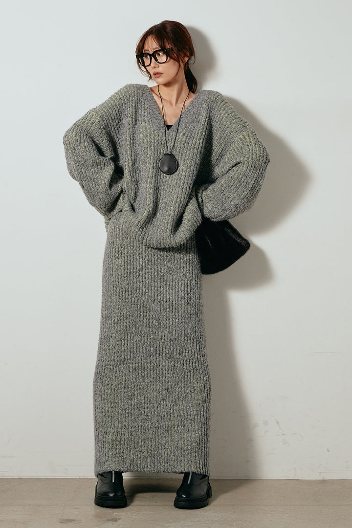 [SET]アルパカタッチ深Vニットトップス+アルパカタッチニットタイトスカート(2set)