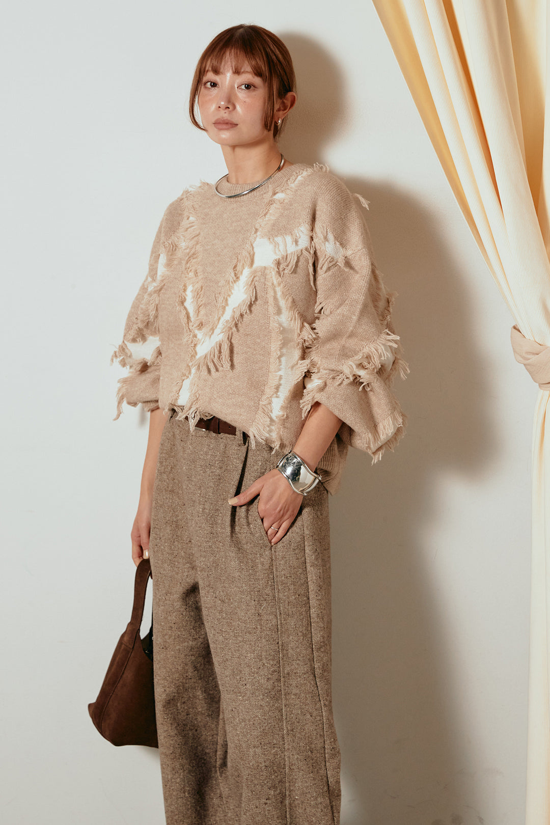[SET]シャギージャガードニットトップス+ベルト付きネップツイードカーブパンツ(2set)