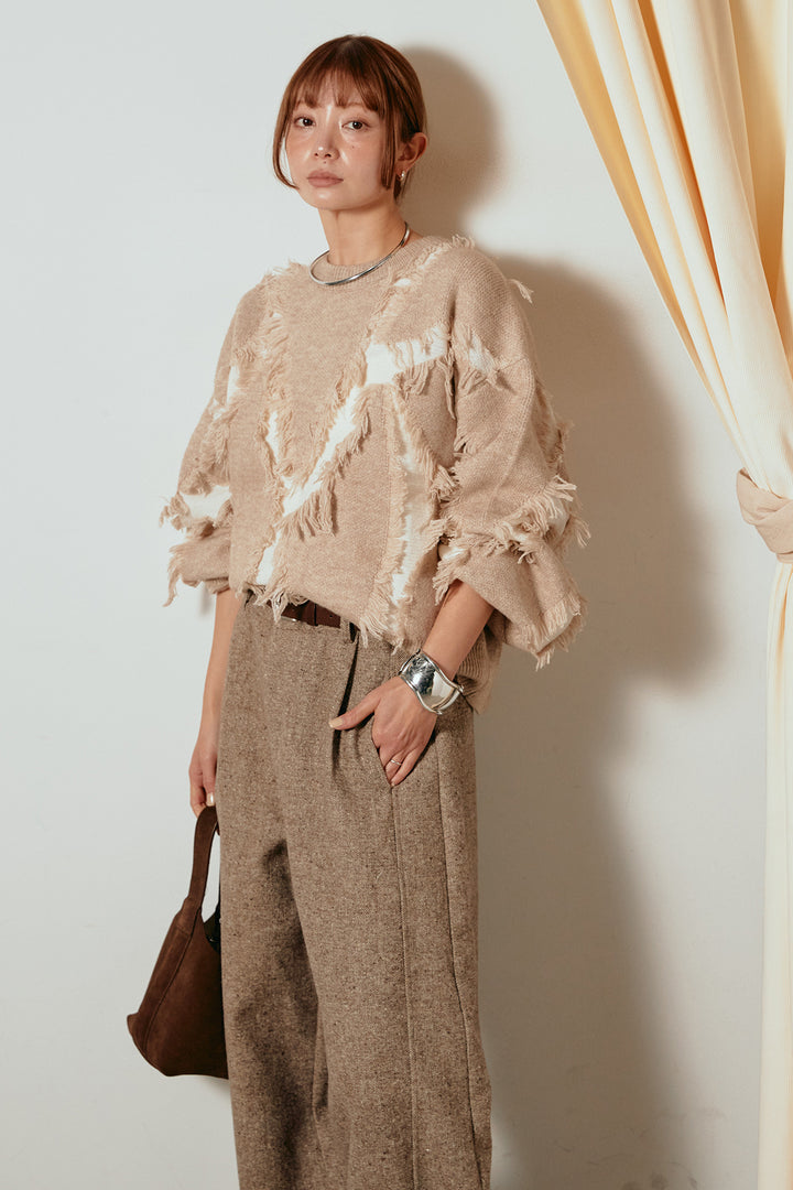 [SET]シャギージャガードニットトップス+ベルト付きネップツイードカーブパンツ(2set)