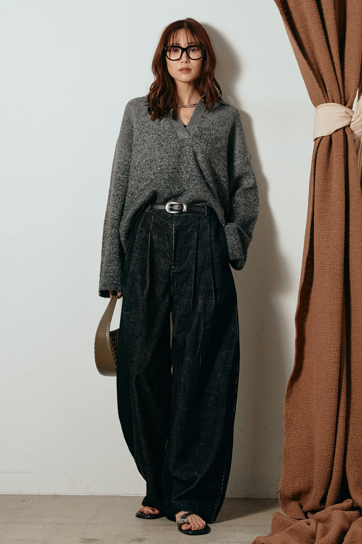 [SET]グラデーションラメニットキーネックプルオーバー+フロントタック入りコーデュロイパンツ(2set)