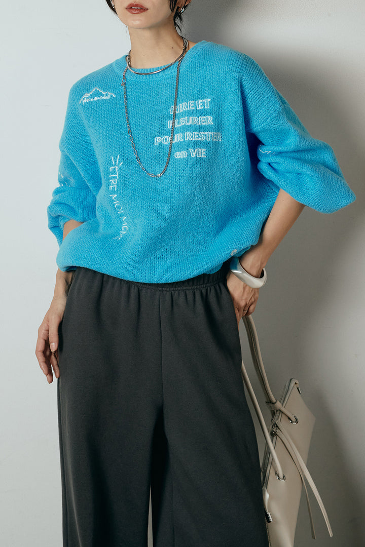 [SET]刺繍ロゴランダムデザインニットトップス+裏起毛スウェットワイドパンツ(2set)