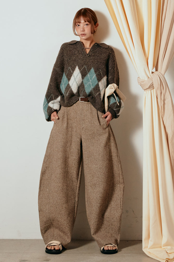 [SET]アーガイル柄ポロニットトップス+ベルト付きネップツイードカーブパンツ(2set)