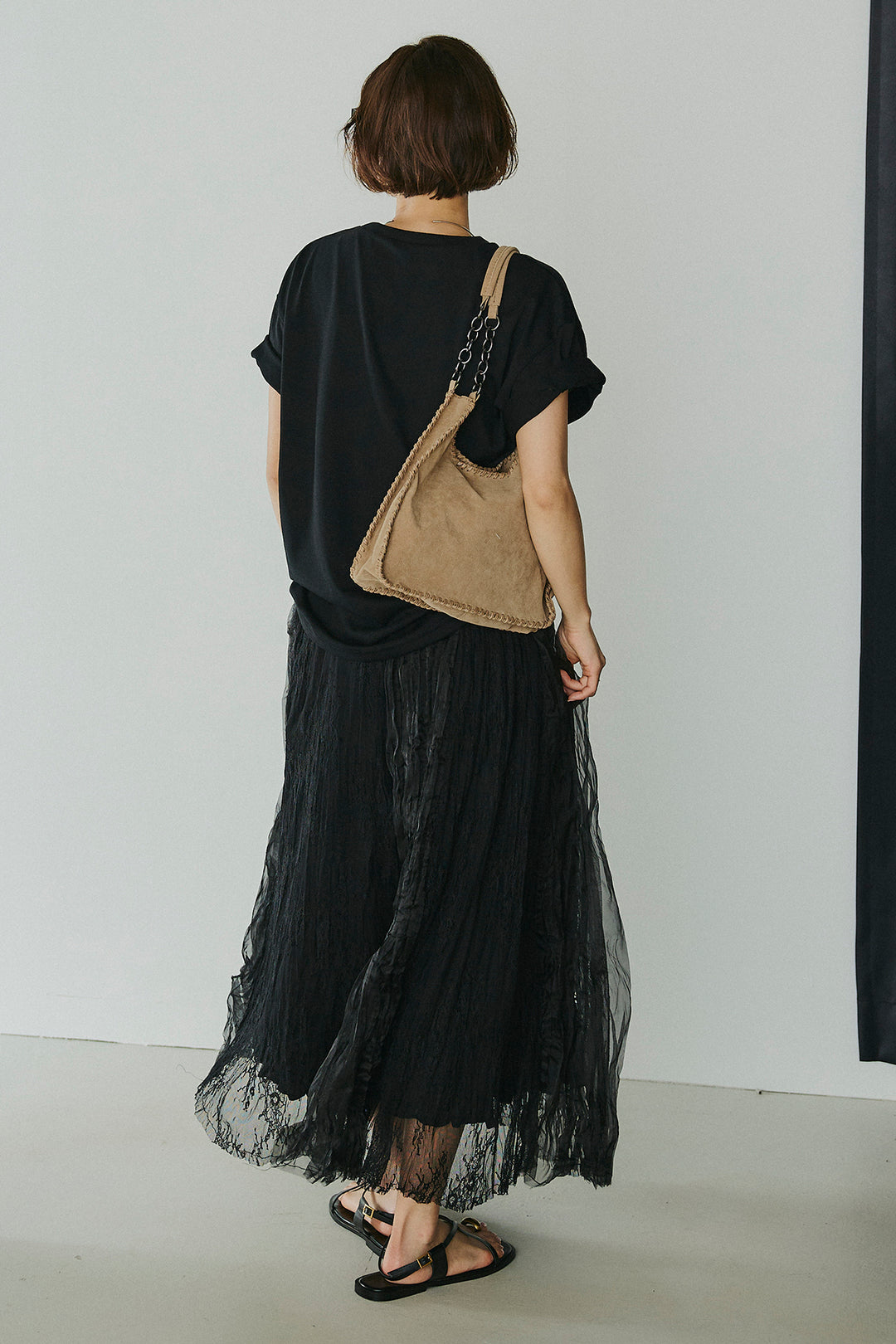 [SET]レースロゴ刺繍Tシャツ+レースコンビワッシャーギャザースカート(2set)