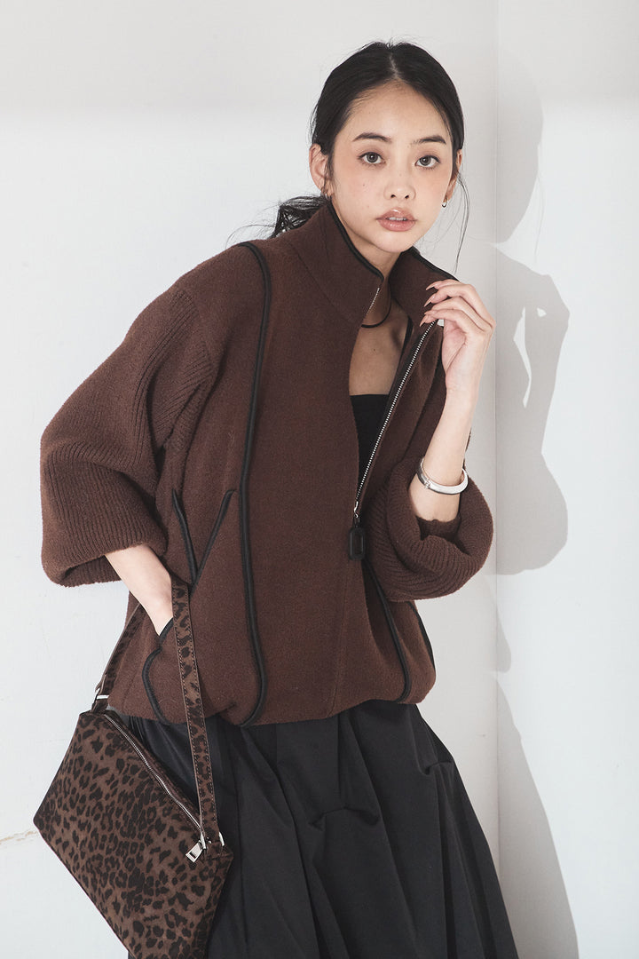 [SET]ハイネックパイピングデザインブルゾン+ランダムタックバルーンスカート(2set)