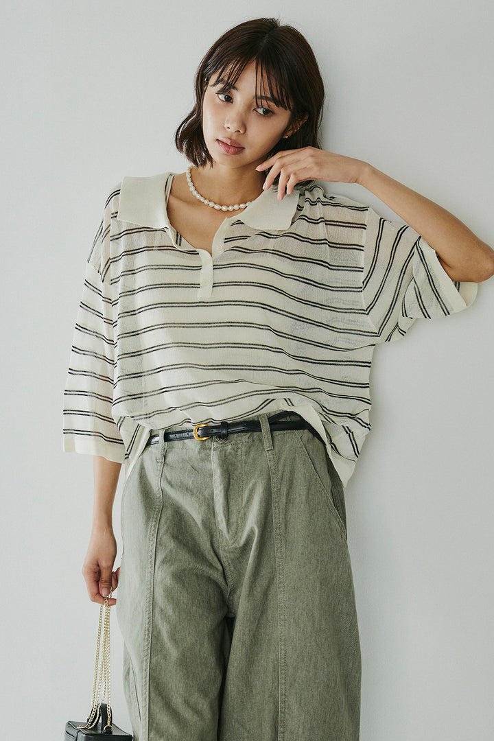 [SET]ボーダーニットポロシャツ+サイドベルトカーブワイドパンツ(2set)