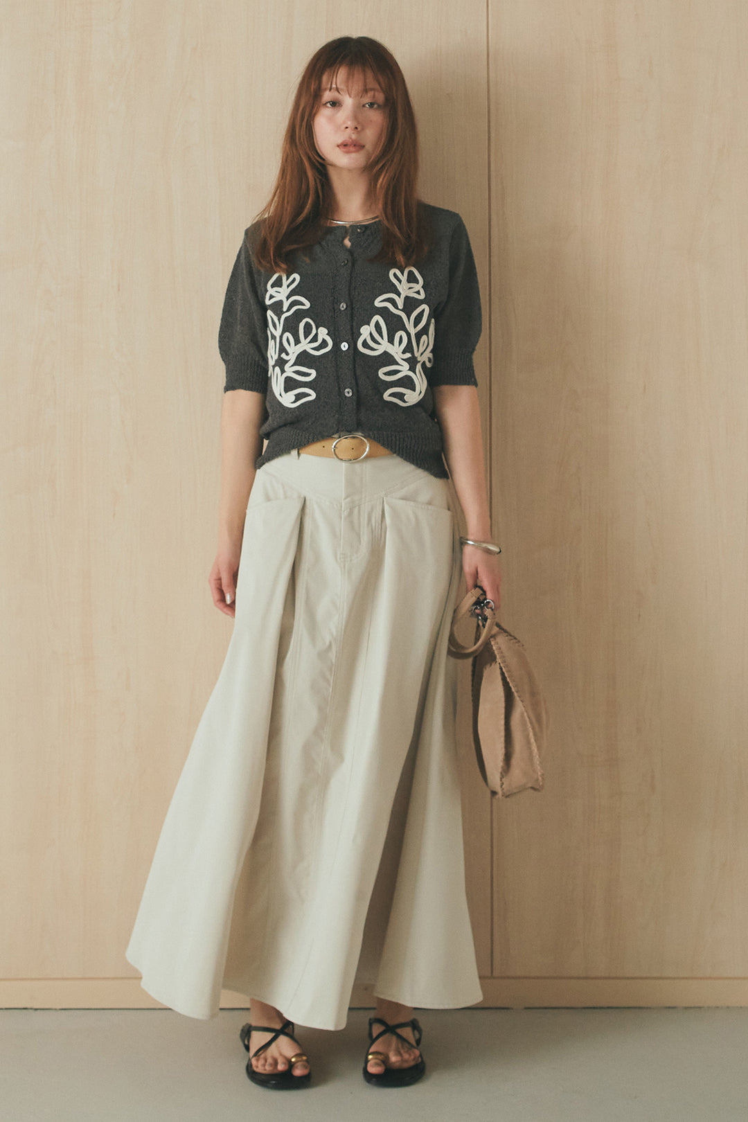 [SET]フロントテープデザイン半袖カーディガン+ミリタリーツイルタックフレアスカート(2set)