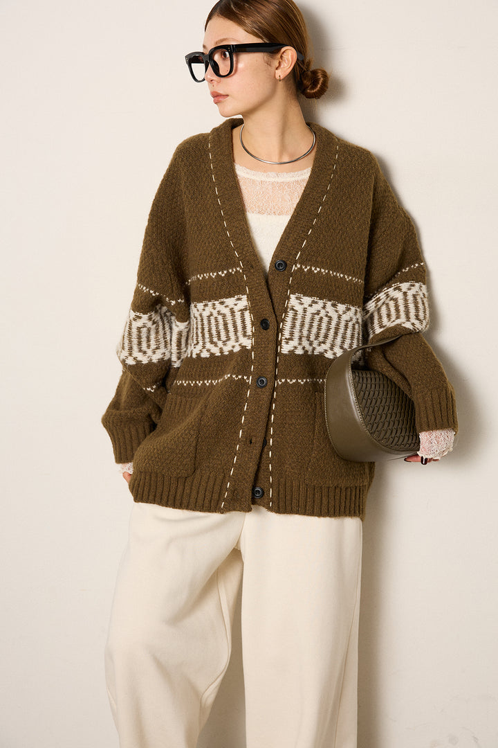 [SET]ライン柄ステッチニットカーディガン+裏起毛スウェットワイドパンツ(2set)