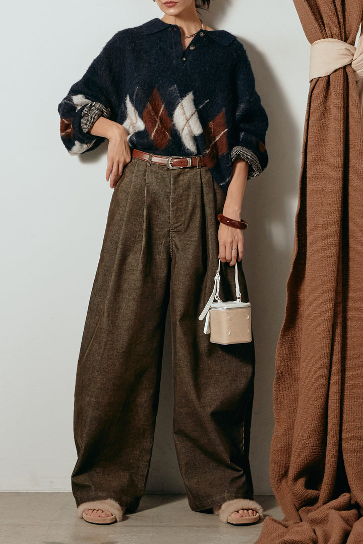 [SET]アーガイル柄ポロニットトップス+フロントタック入りコーデュロイパンツ(2set)