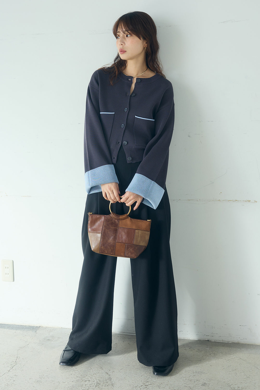 [SET]レーヨンポリダブルフェイスカーディガン+サイドベルトタック入りスラックス(2set)