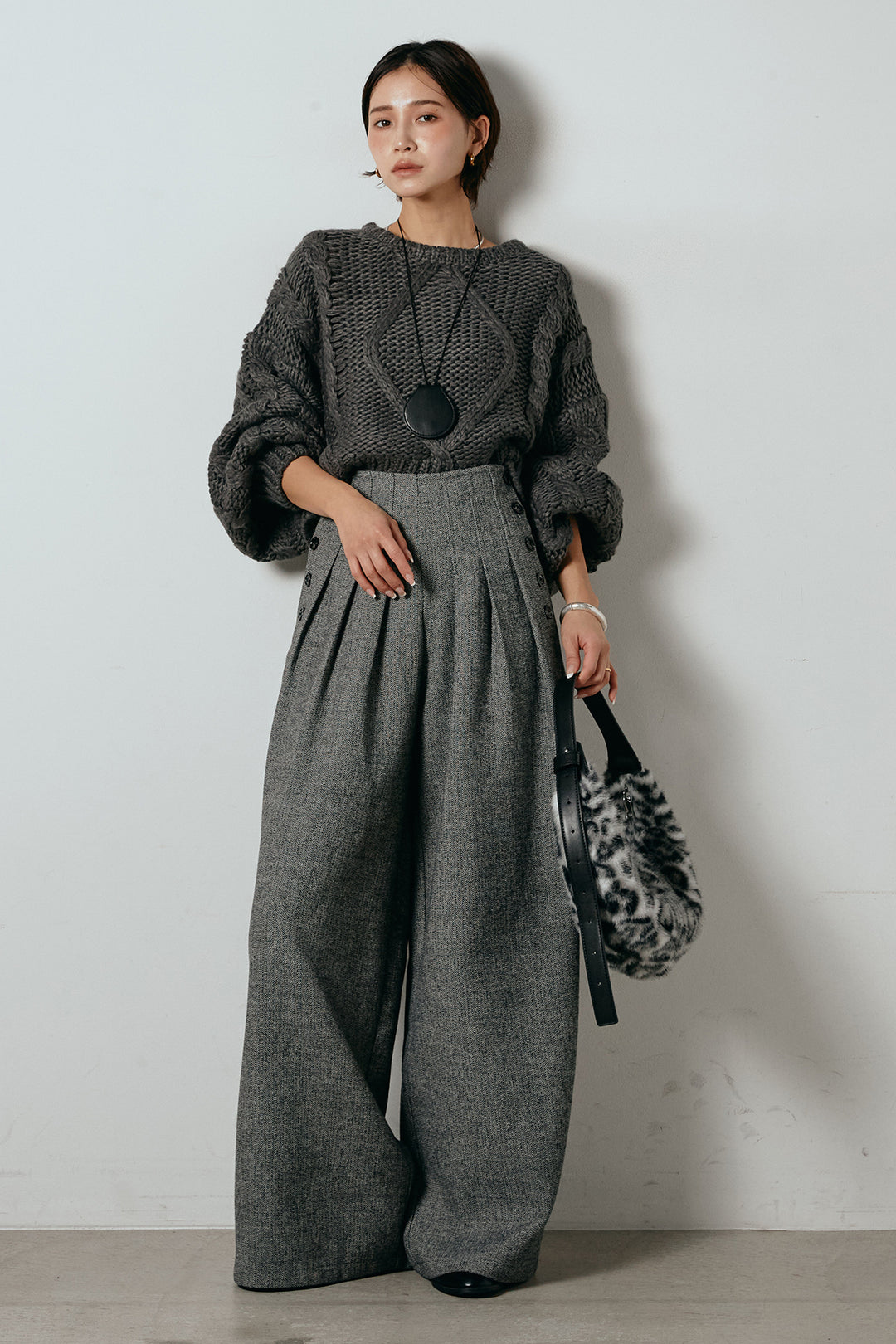 [SET]ロービングケーブルショート丈プルオーバー+サイドボタンツイードタックパンツ(2set)