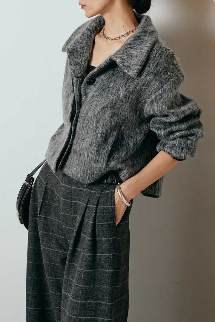 [SET]シャギーショートジャケット+スクエアチェック柄ワイドパンツ(2set)