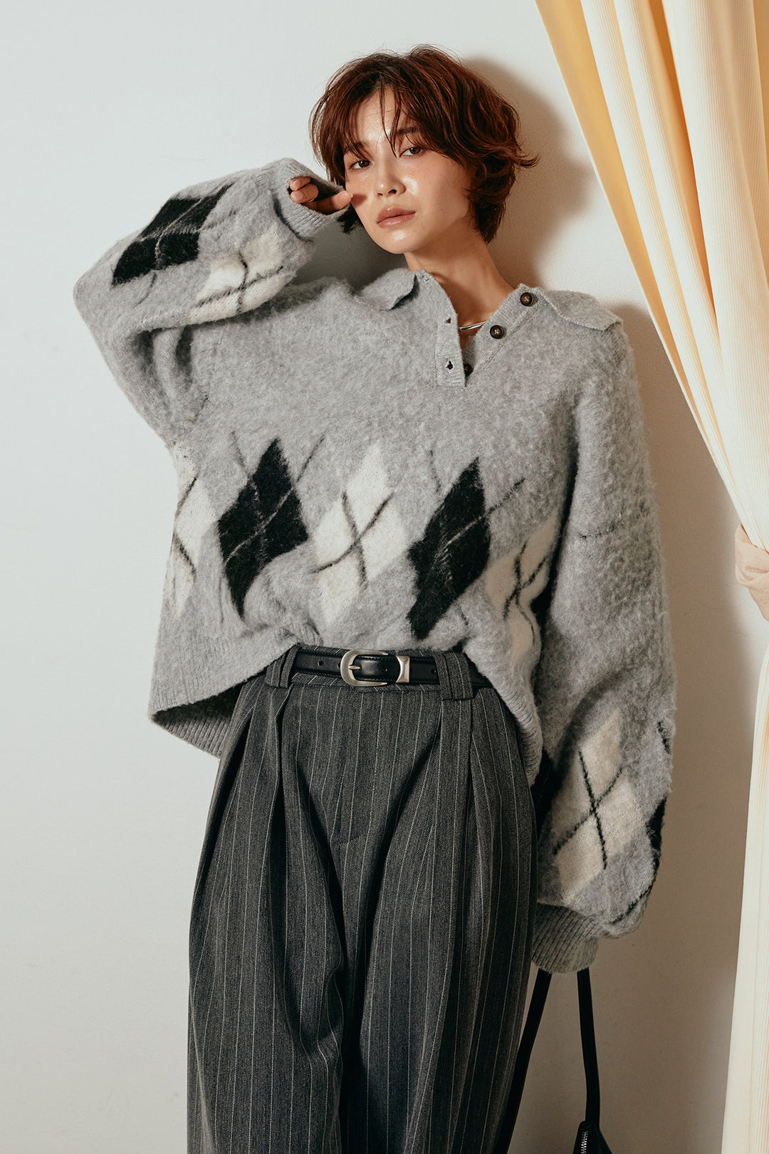 [SET]アーガイル柄ポロニットトップス+ストライプヘリンボーンパンツ(2set)