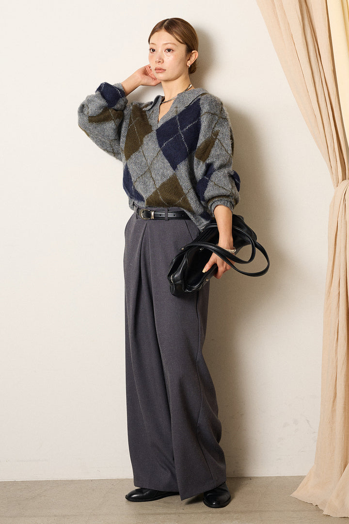 [SET]アクリルモヘアアーガイルキーネックプルオーバー+フロントワイドタックネップ入ワイドパンツ(2set)