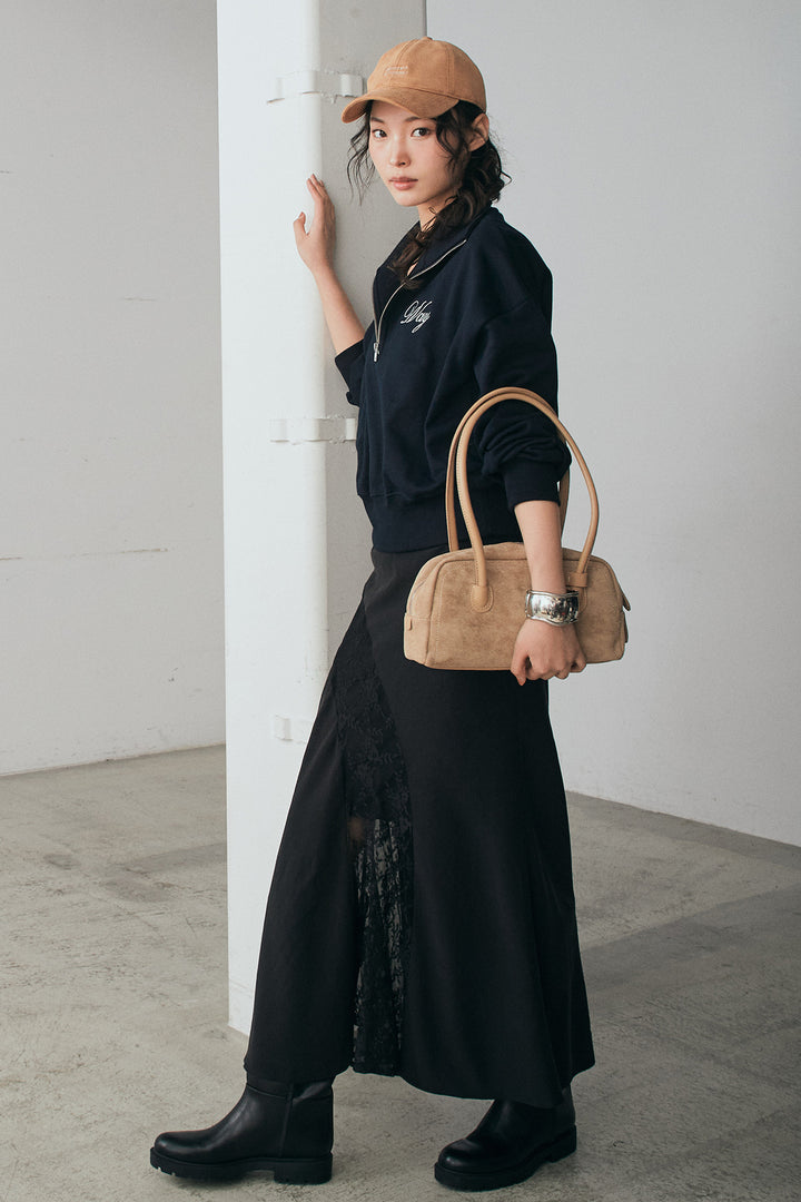 [SET]裏毛ロゴ刺繍ハーフZIPスウェット+刺繍レースデザインサテンスカート(2set)