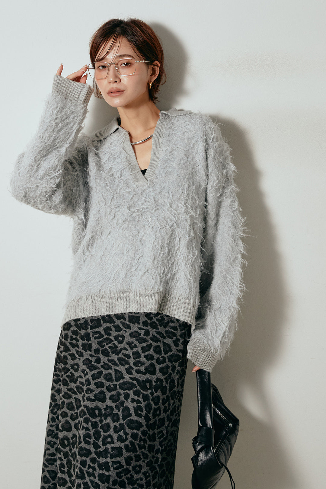 [SET]襟付きシャギーニットポロトップス+レオパードロングスカート(2set)