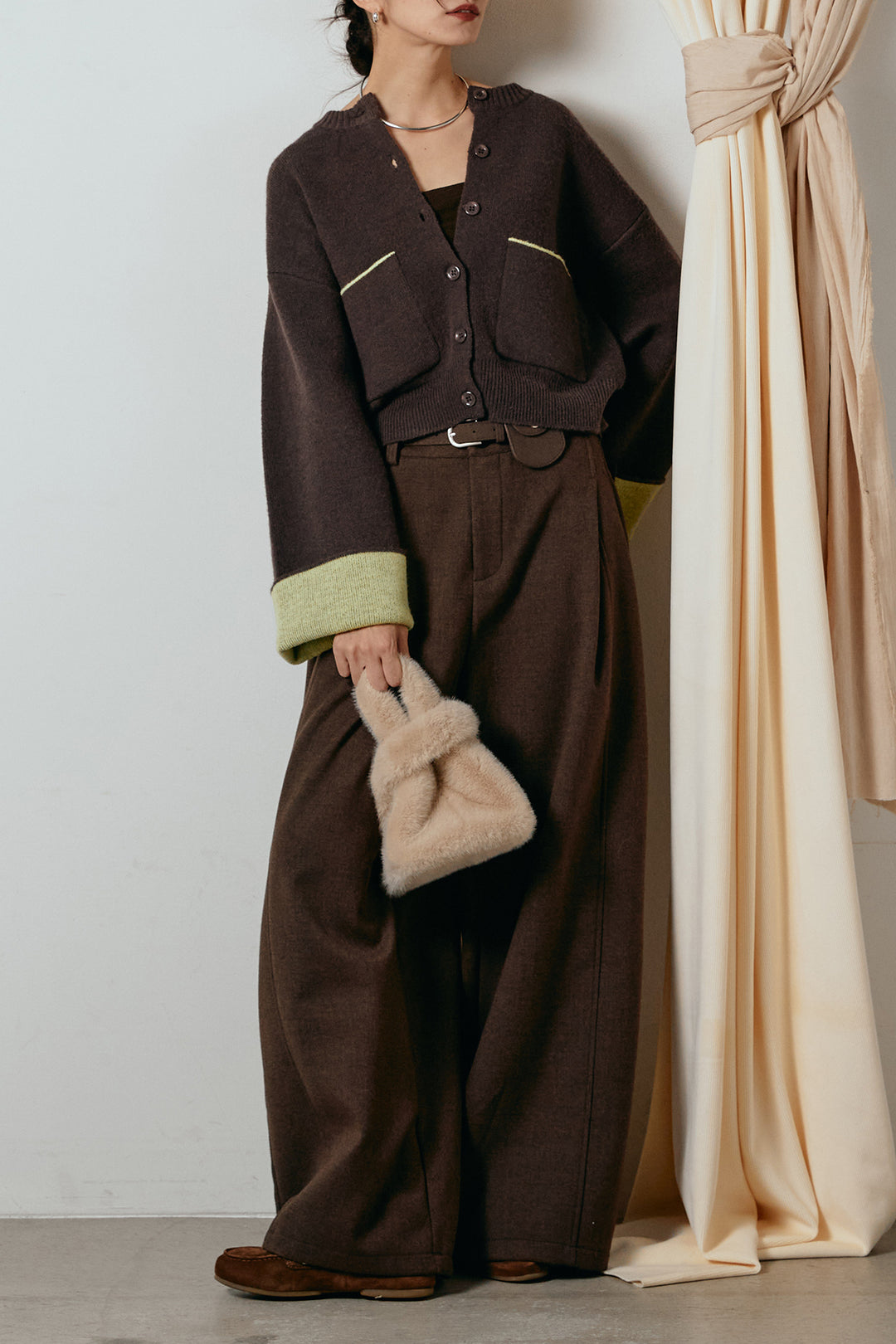 [SET]アルパカタッチダブルフェイスカーディガン+ポーチベルト付きカーブパンツ(2set)