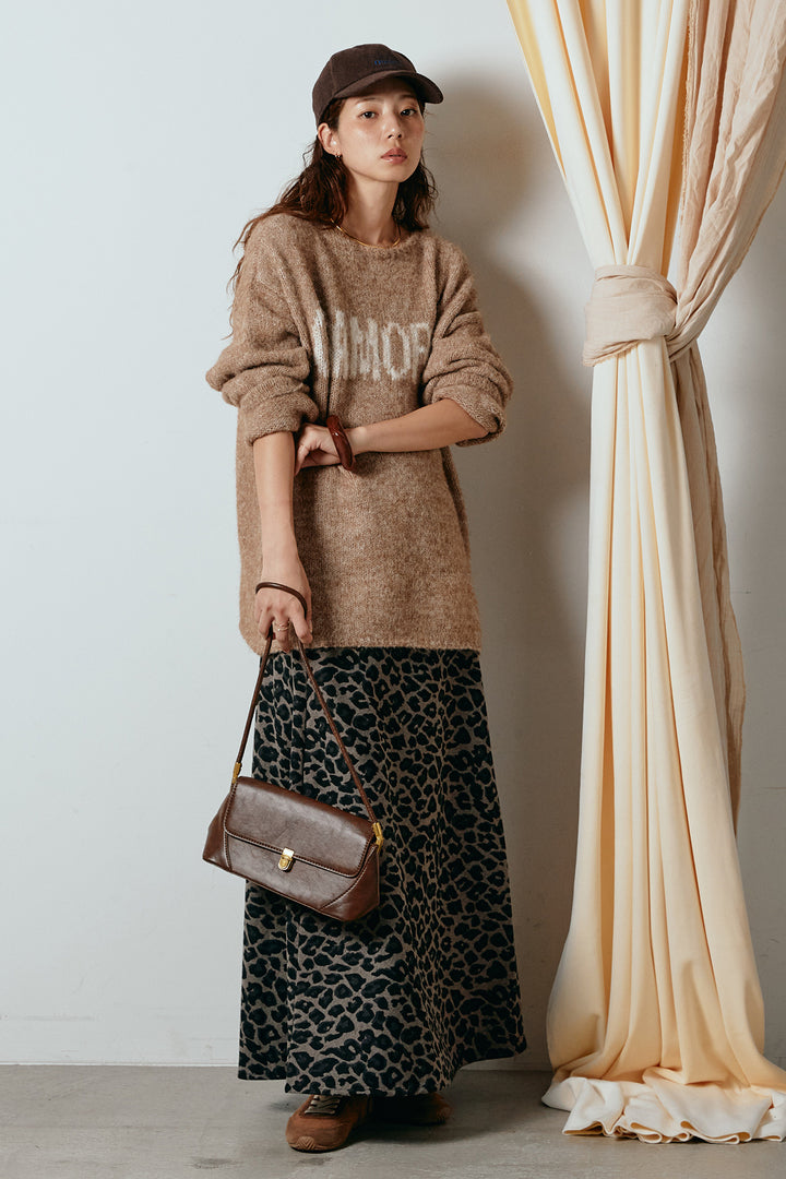 [SET]フロントロゴデザインニットトップス+レオパードロングスカート(2set)