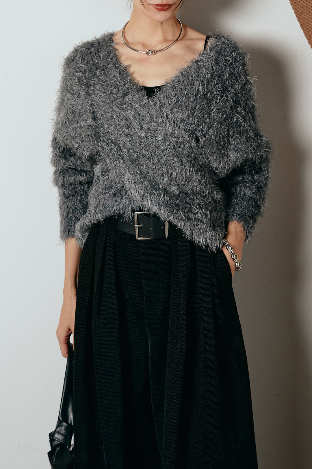 [SET]シャギークロスニットトップス+ベルトループコーデュロイワイドパンツ(2set)