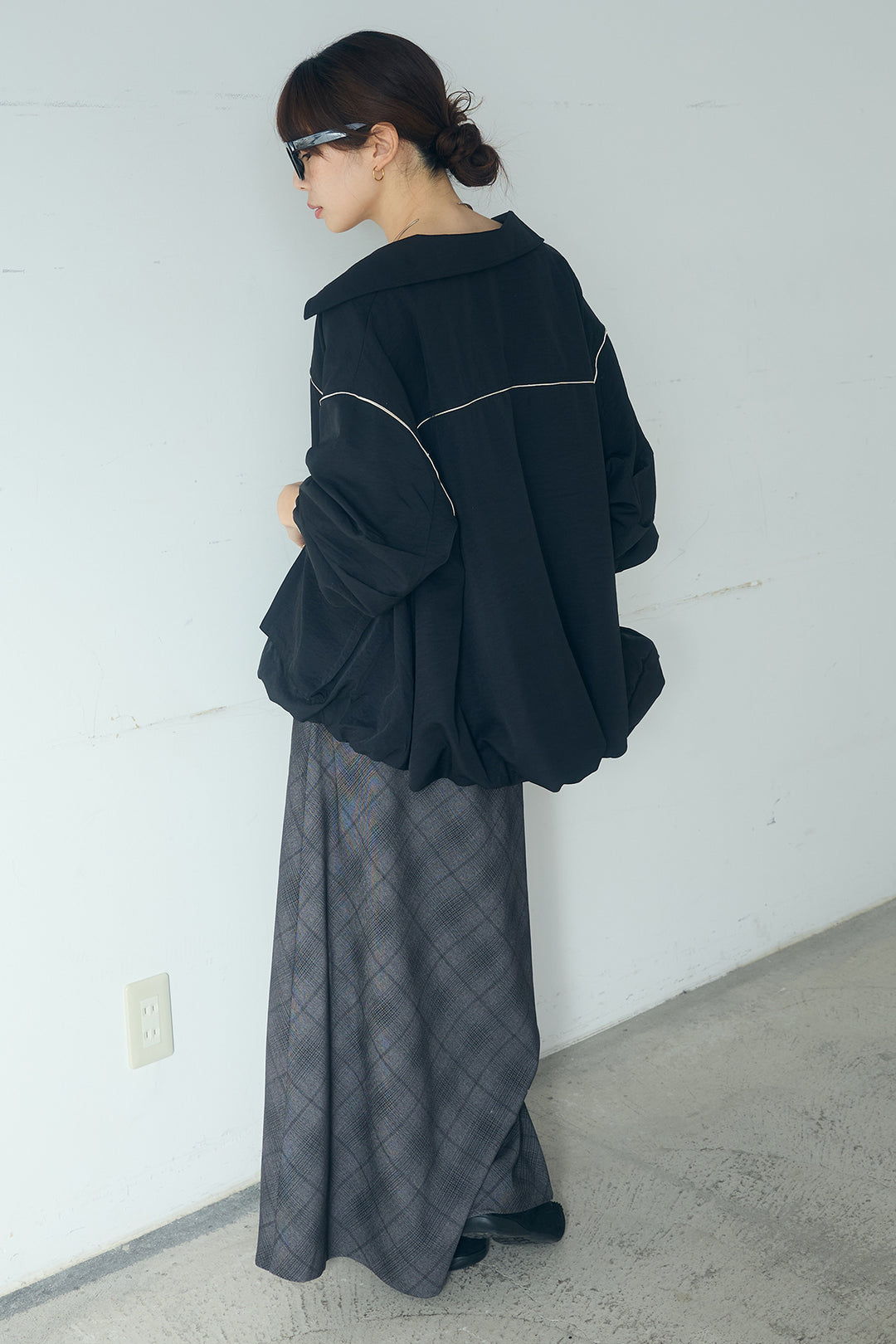 [SET]合繊ツイルバルーンジャケット+タータンチェック柄フロントデザインスカート(2set)