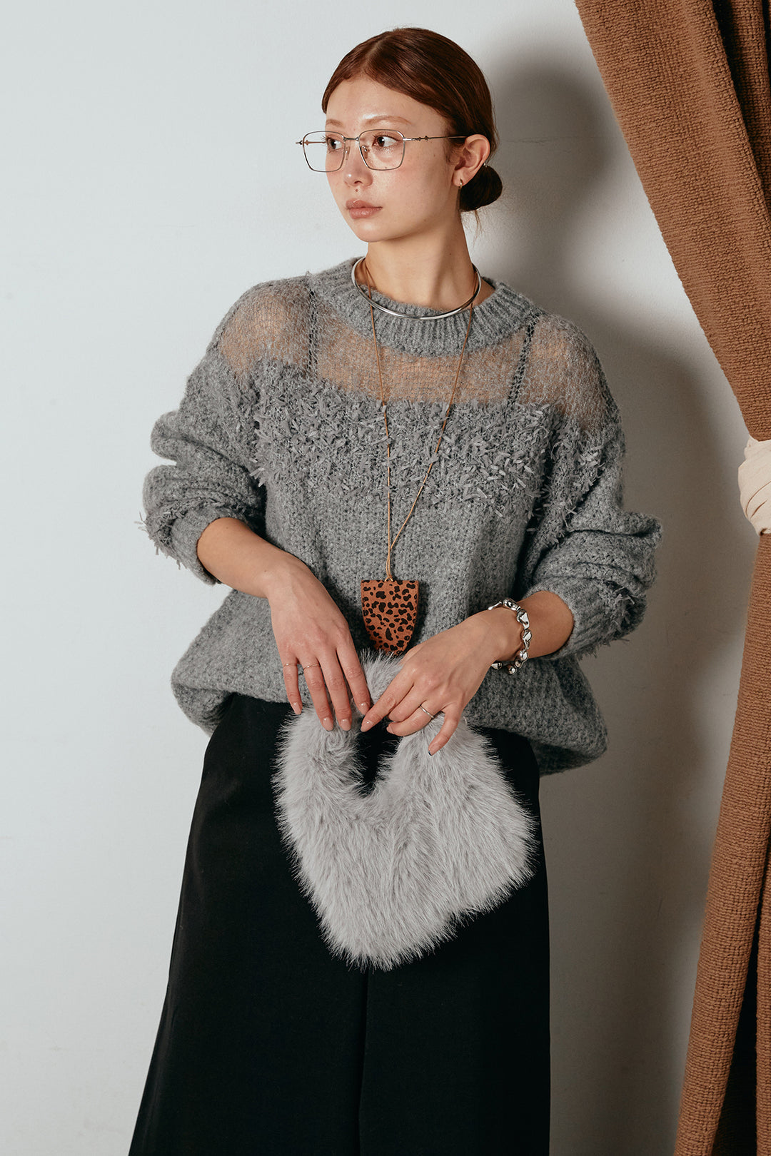 [SET]パターンランダム編みニットトップス+ベルト付きフロントタックデザインパンツ(2set)