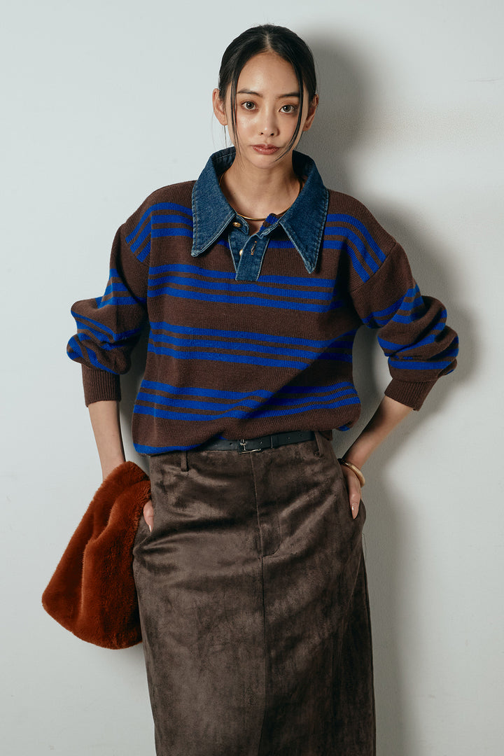 [SET]デニムレイヤード風ランダムボーダーニットプルオーバー+エコスウェードワイドスカート(2set)