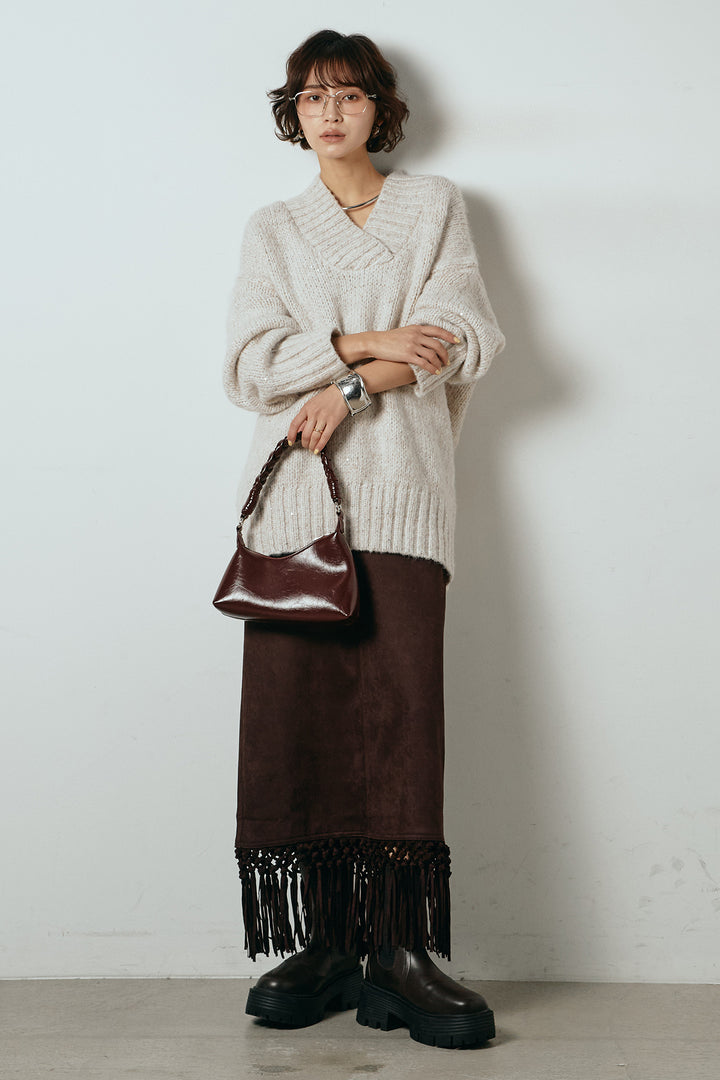 [SET]Vネックラメニットトップス+スウェードライク裾フリンジスカート(2set)
