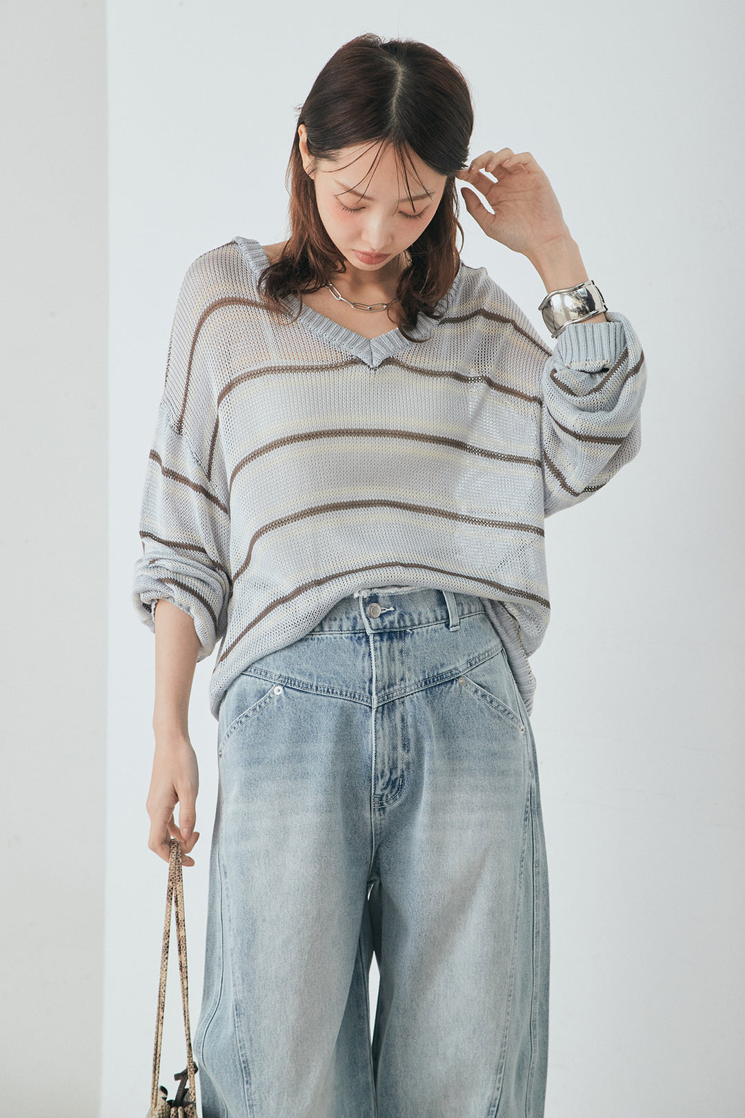 [SET]綿タッチVネックボーダートップス+デニムヨークパンツ(2set)