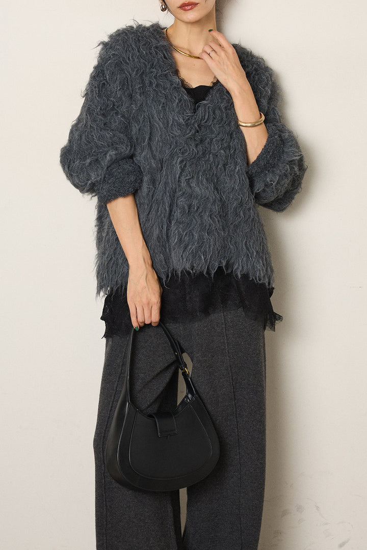 [SET]起毛シャギーニットカーディガン+センターラインニットパンツ(2set)