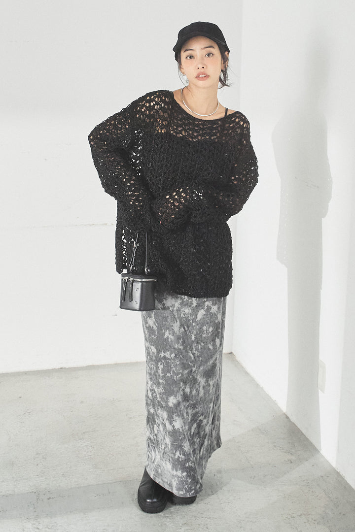 [SET]リラックスメッシュニットトップス+タイダイ柄ベロアワイドスカート(2set)