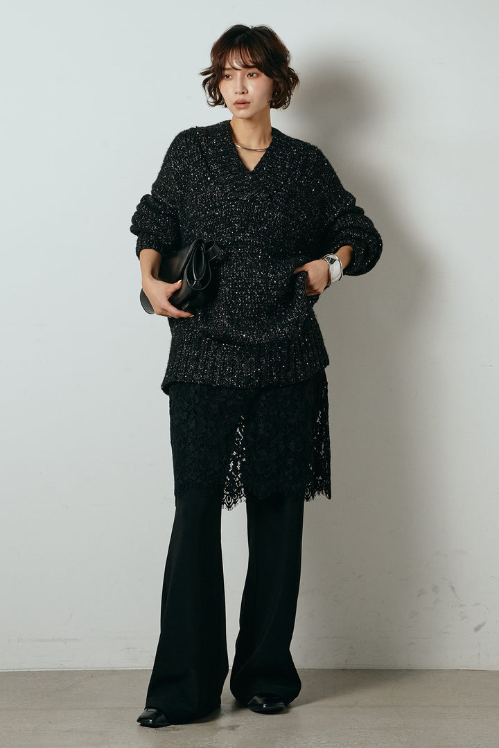 [SET]Vネックラメニットトップス+レース刺繍レイヤードフレアパンツ(2set)