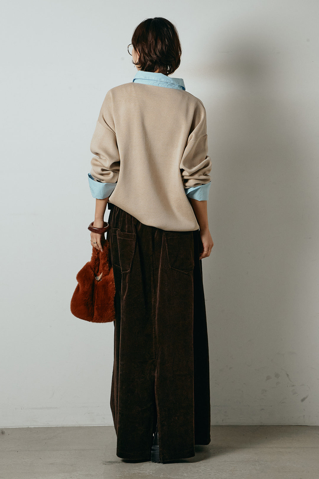 [SET]ストライプシャツドッキングポロトップス+ポーチベルト付きコーデュロイワイドスカート(2set)