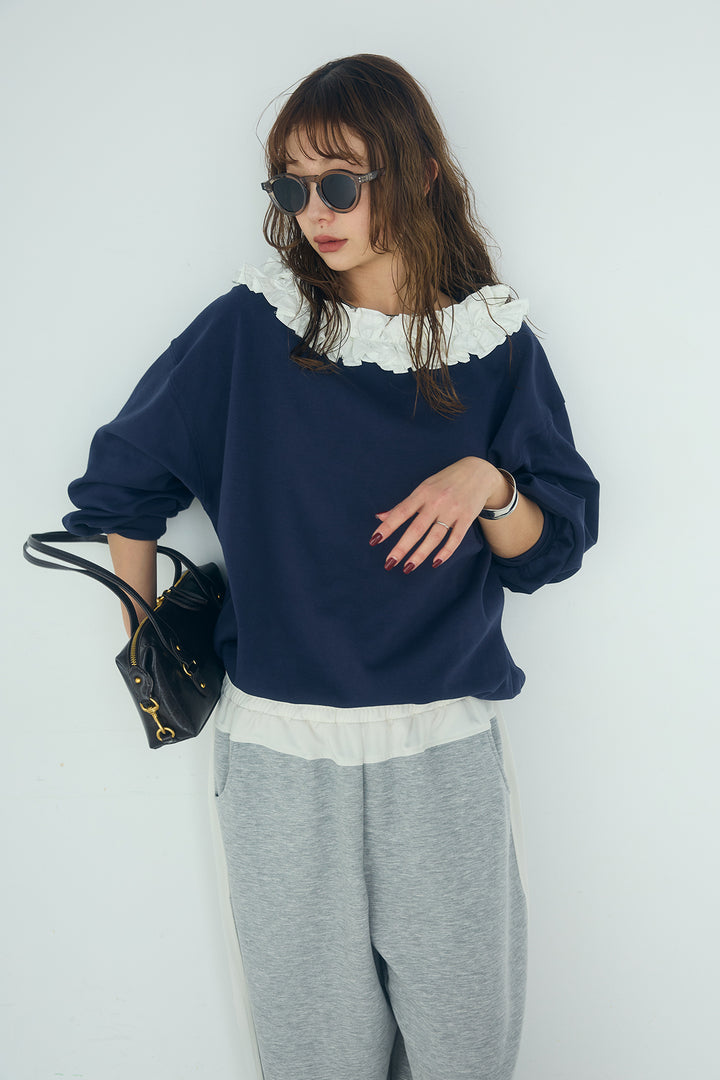 [SET]ネックギャザーフリルスウェット+異素材切り替えスウェットパンツ(2set)