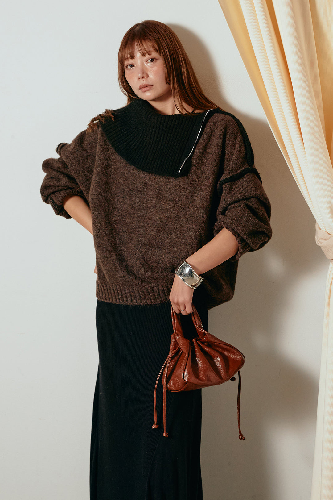 [SET]ハイネックジップデザインニットトップス+サイド切り替えリブニットロングスカート(2set)