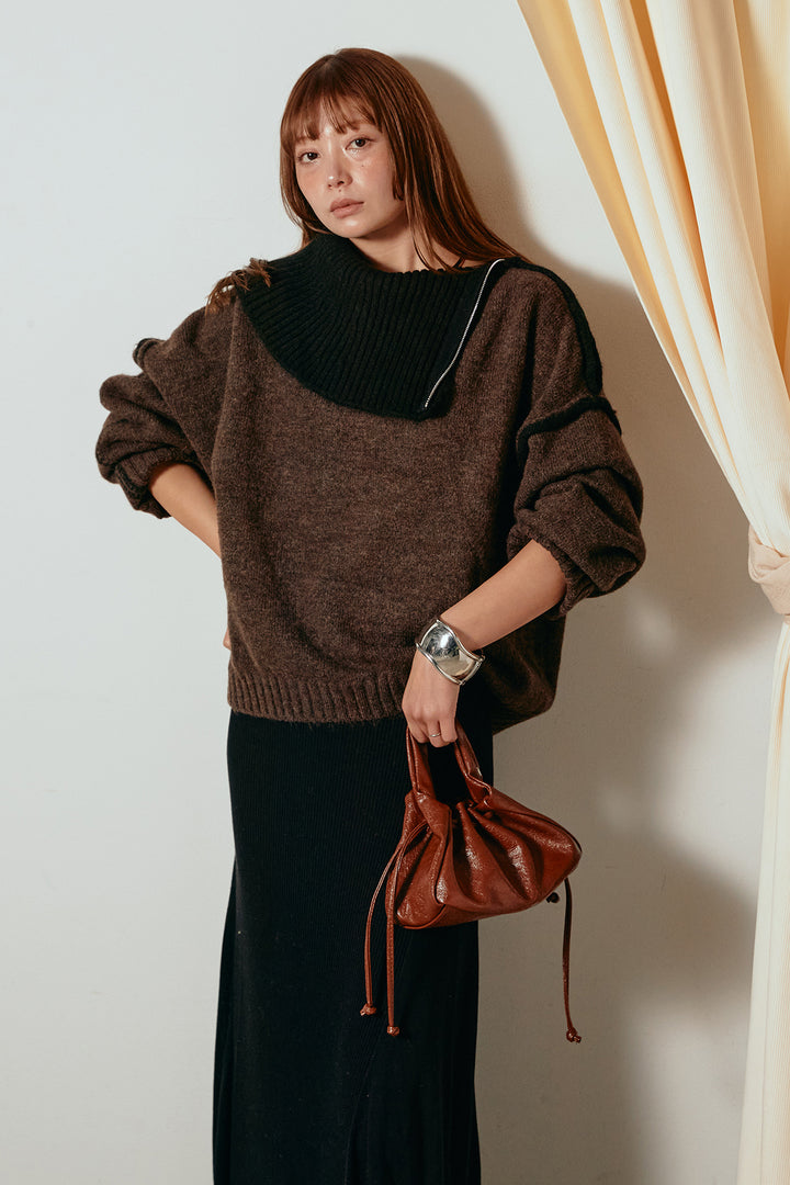 [SET]ハイネックジップデザインニットトップス+サイド切り替えリブニットロングスカート(2set)