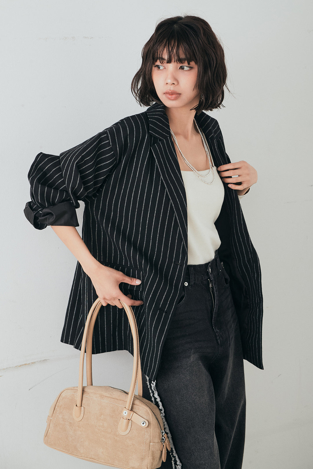 [SET]リネンライクストライプテーラードジャケット+デニムサイドフリルパンツ(2set)