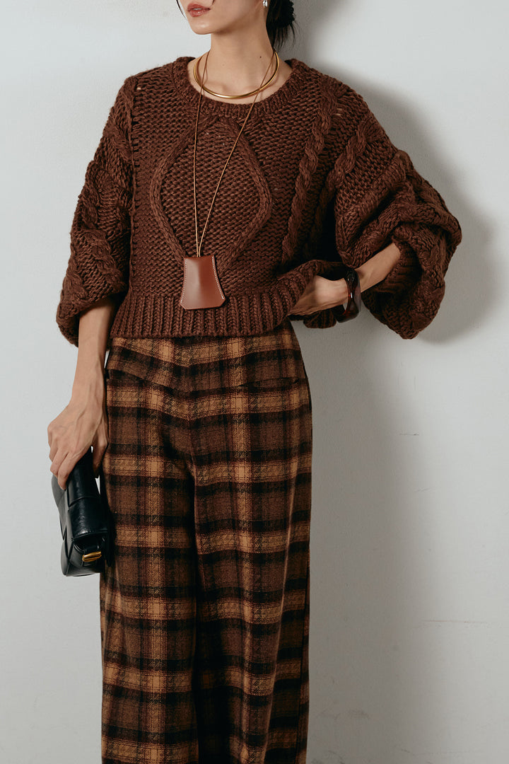 [SET]ロービングケーブルショート丈プルオーバー+ルーズタータンチェックワイドパンツ(2set)