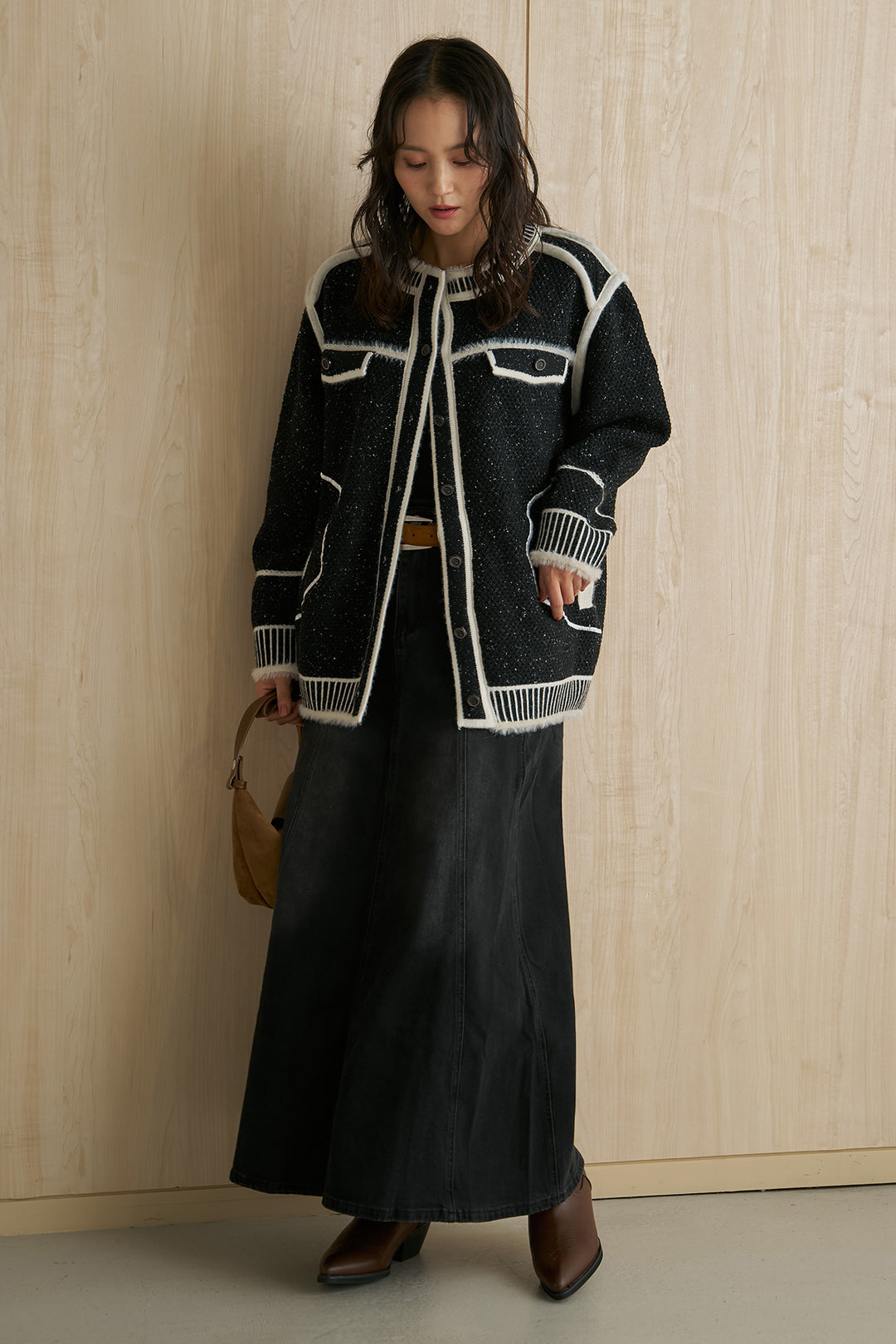 [SET]配色トリムカバーオールニットジャケット+切替デニムロングスカート(2set)