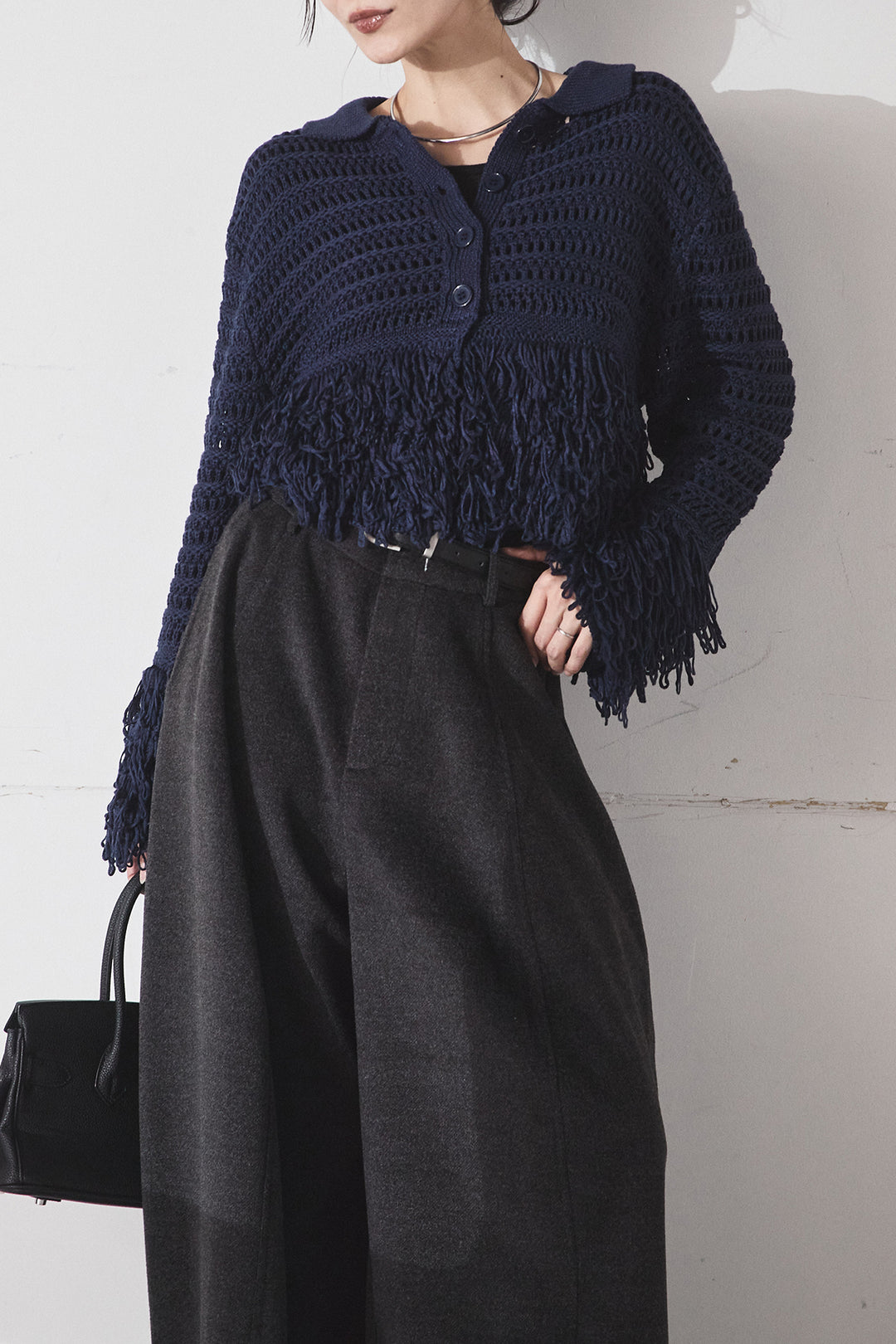 [SET]メッシュフリンジカーディガン+ウールタッチカーブワイドパンツ(2set)