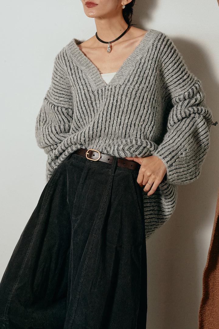 [SET]アルパカタッチ深Vニットトップス+タック入りコーデュロイワイドパンツ(2set)